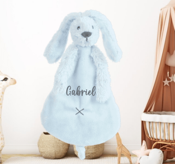 Doudou plat personnalisé lapin richie bleu