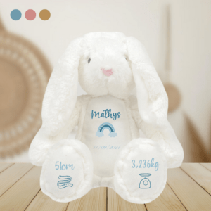 Peluche de naissance lapin blanc et bleu