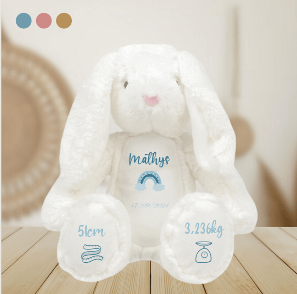 Peluche de naissance lapin blanc et bleu