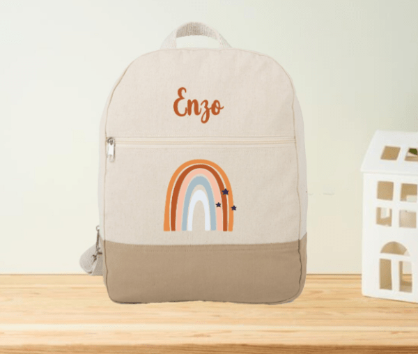 Sac à dos enfant personnalisé naturel arc en ciel orange et bleu