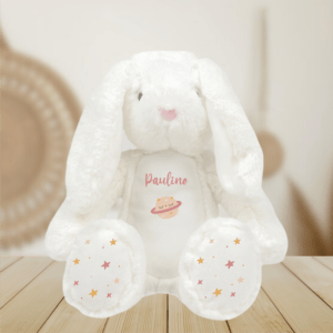 Peluche personnalisée lapin blanc planète rose