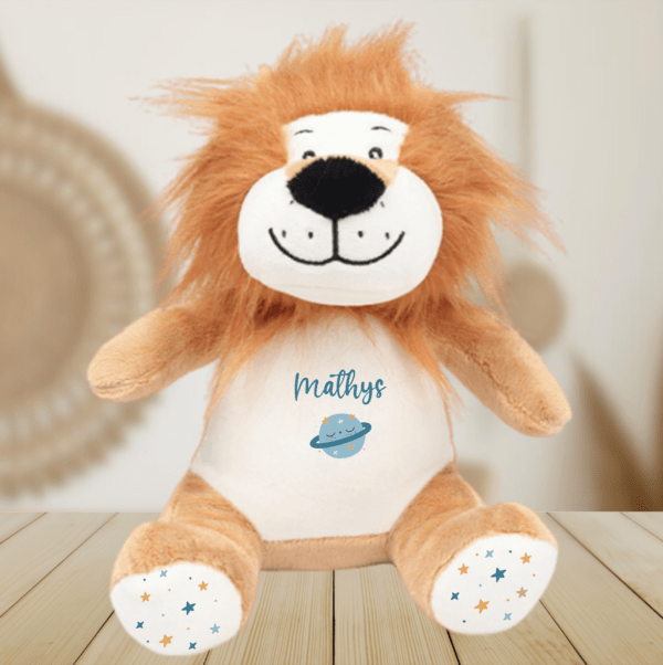 Peluche personnalisée lion planète bleu