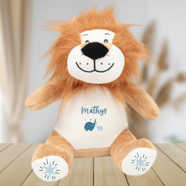 Peluche personnalisée lion éléphant bleu